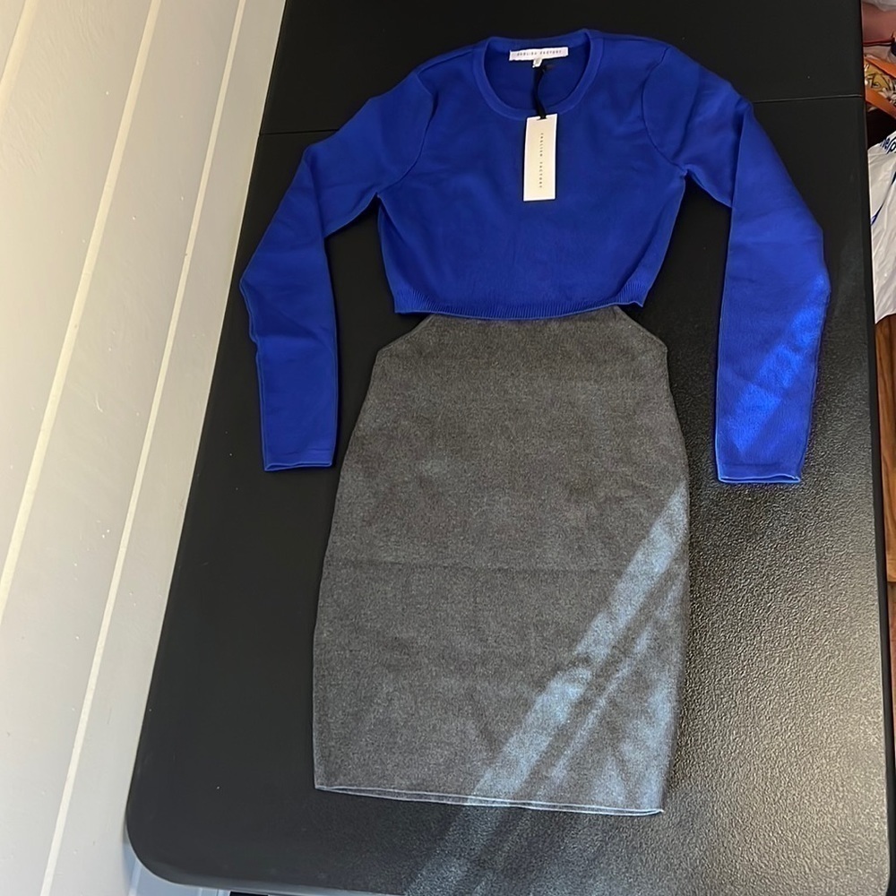 ENGLISH Factory NWT Blue&Gray Long Sleeve, Open Back Dress SZ Small